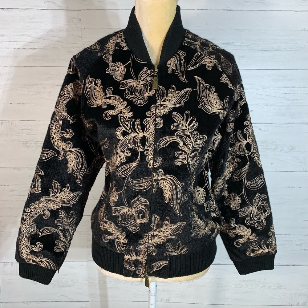 Goldie faux fur embroidered bomber jacket black/gold size XS womens